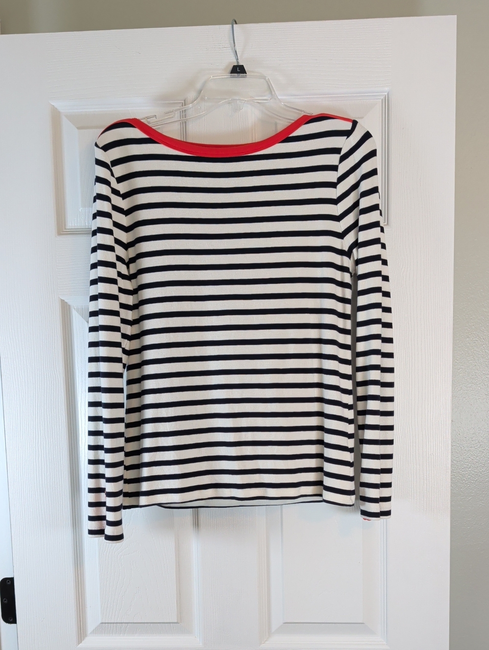 Talbots Black and White Striped Long-Sleeve Top with Red Trim